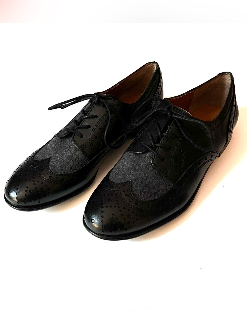 Franco Sarto Trace Black Leather Gray Wool Tuxedo Wingtip Oxfords 7.5M